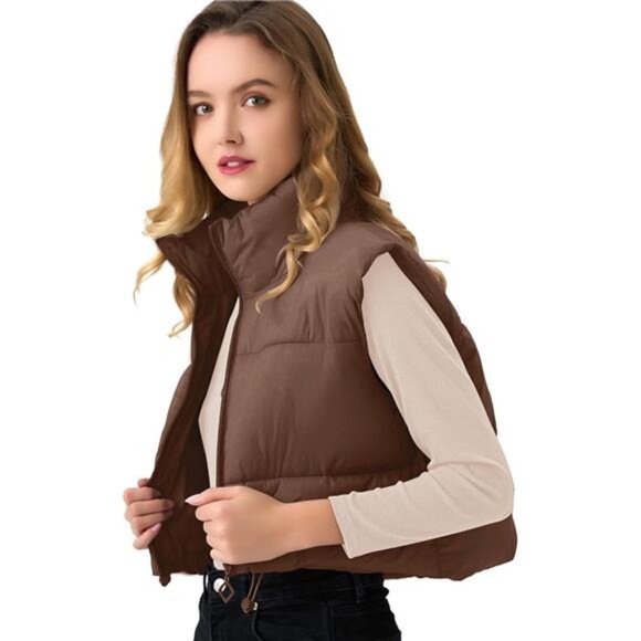 Women's Cropped Puffer Vest Lightweight Sleeveless Warm Vests For Women Winter - Picture 6 of 7